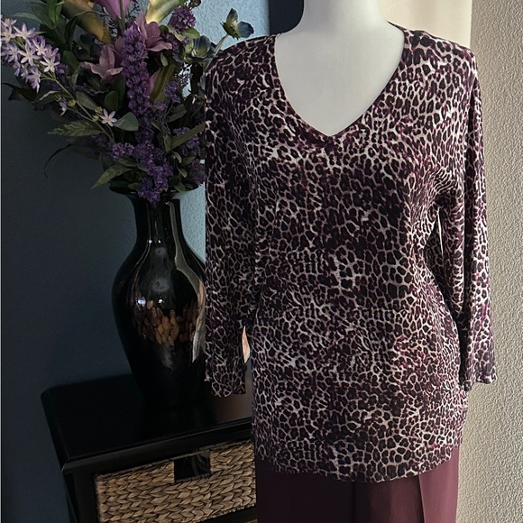 Roz & Ali Tops - Leopard Print V-Neck Women's Top in Plum